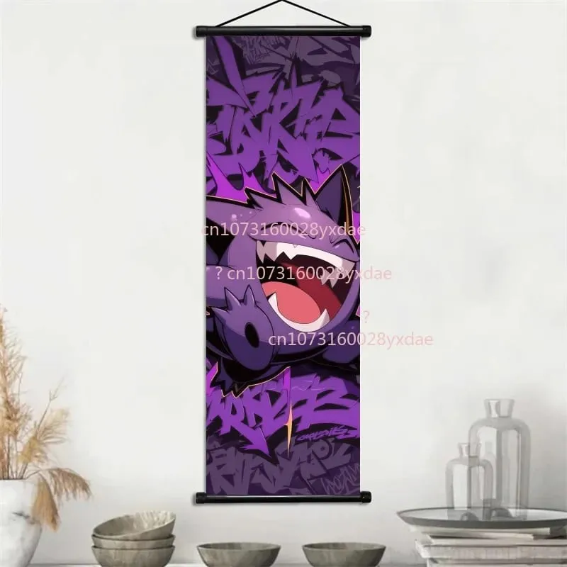 Anime Printed Pokemon Poster Cartoon Wall Artwork Gengar Squirtle Bulbasaur Pikachu Hanging Scroll Family Room Decoration