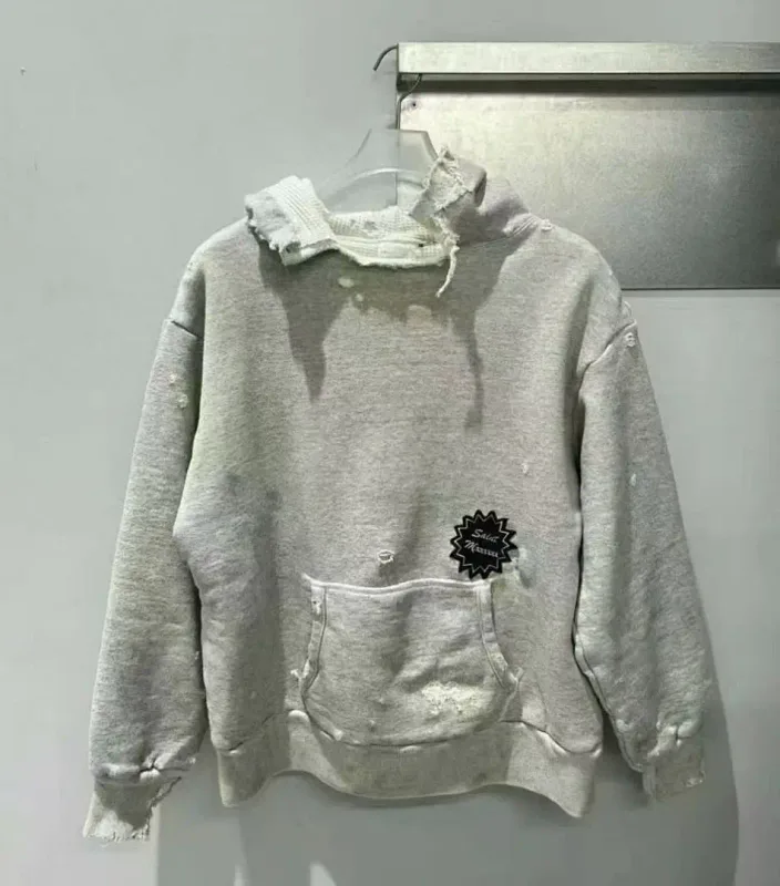 24FW SAINT Vintage Angel Printed Distressed Women Men Hooded Sweatshirt Hoodies Oversized Men Casual Cotton Pullover Hoodie