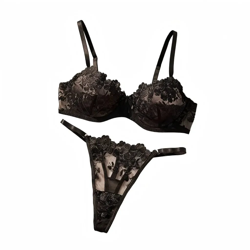 French Black Embroidered Lace Underwear Set Elegant Feminine Design Bra And Panties Combo for Women — image 1