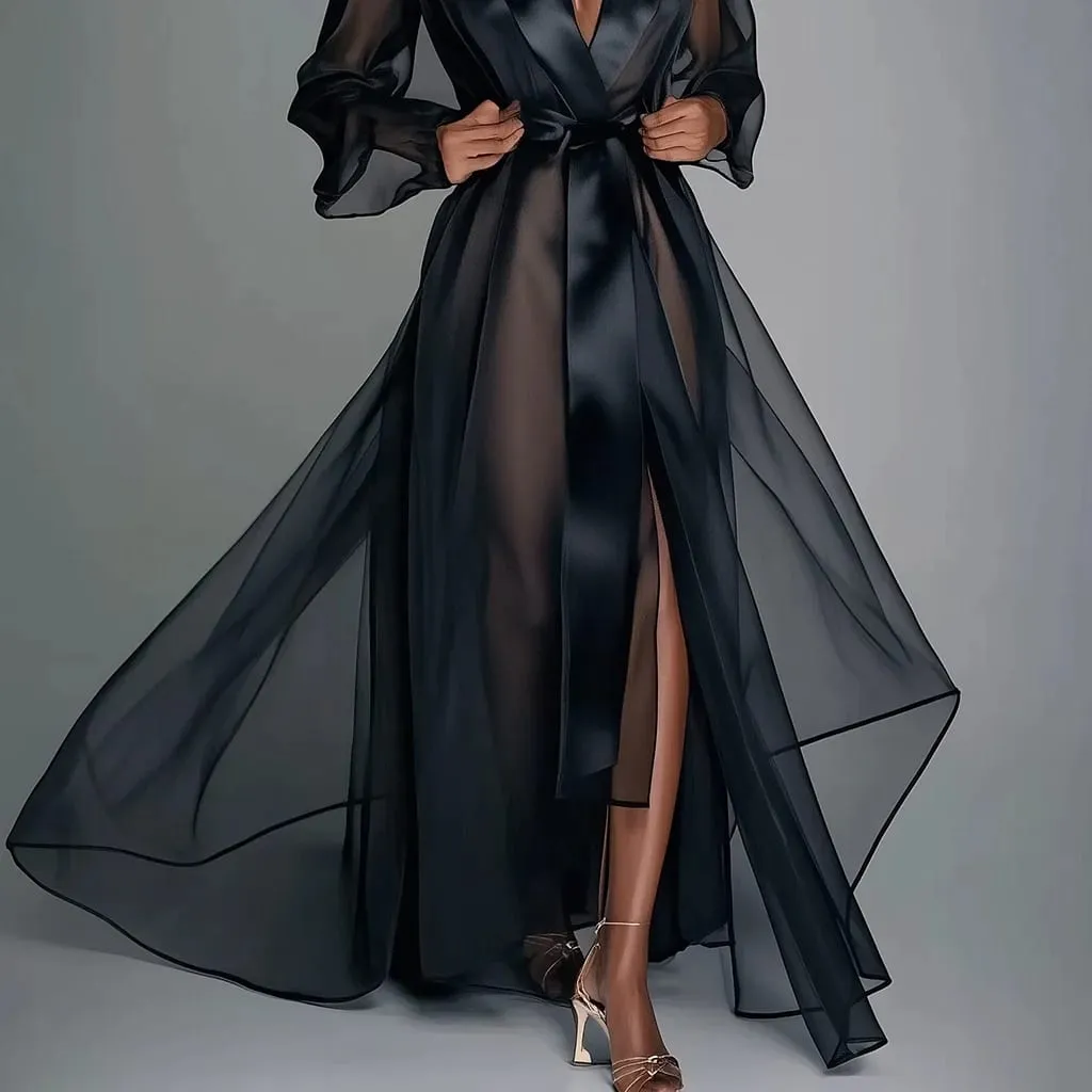 Durchsichtiges Organza-Maxikleid mit langen Ärmeln und Schnürung, Sommer-Reverskragen, modische Brautroben, solides Partykleid für Damen — image 2
