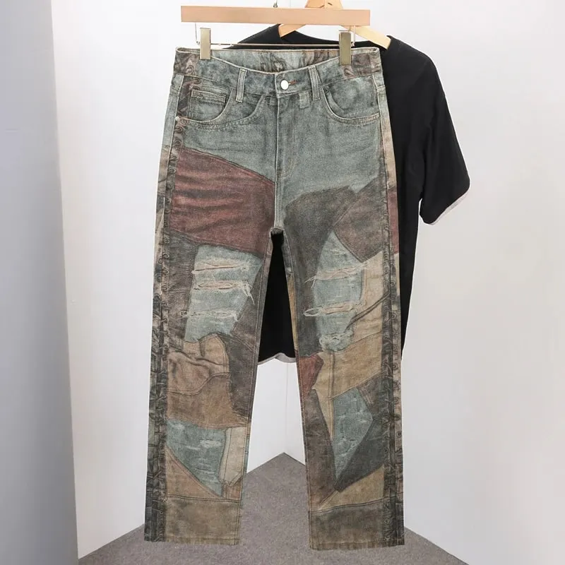 Printed Patchwork Jeans 2026 Spring New Fashion Streetwear Y2k Pants Casual Loose Vintage Hip Hop Denim Trousers Male