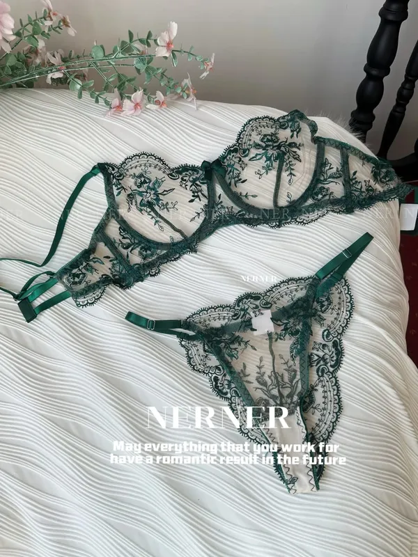 French Style Mesh Embroidery Lace Bra Set With Underwire Slightly Sheer Thin Lingerie Minimizer Bra For Big Bust S-XL — image 11