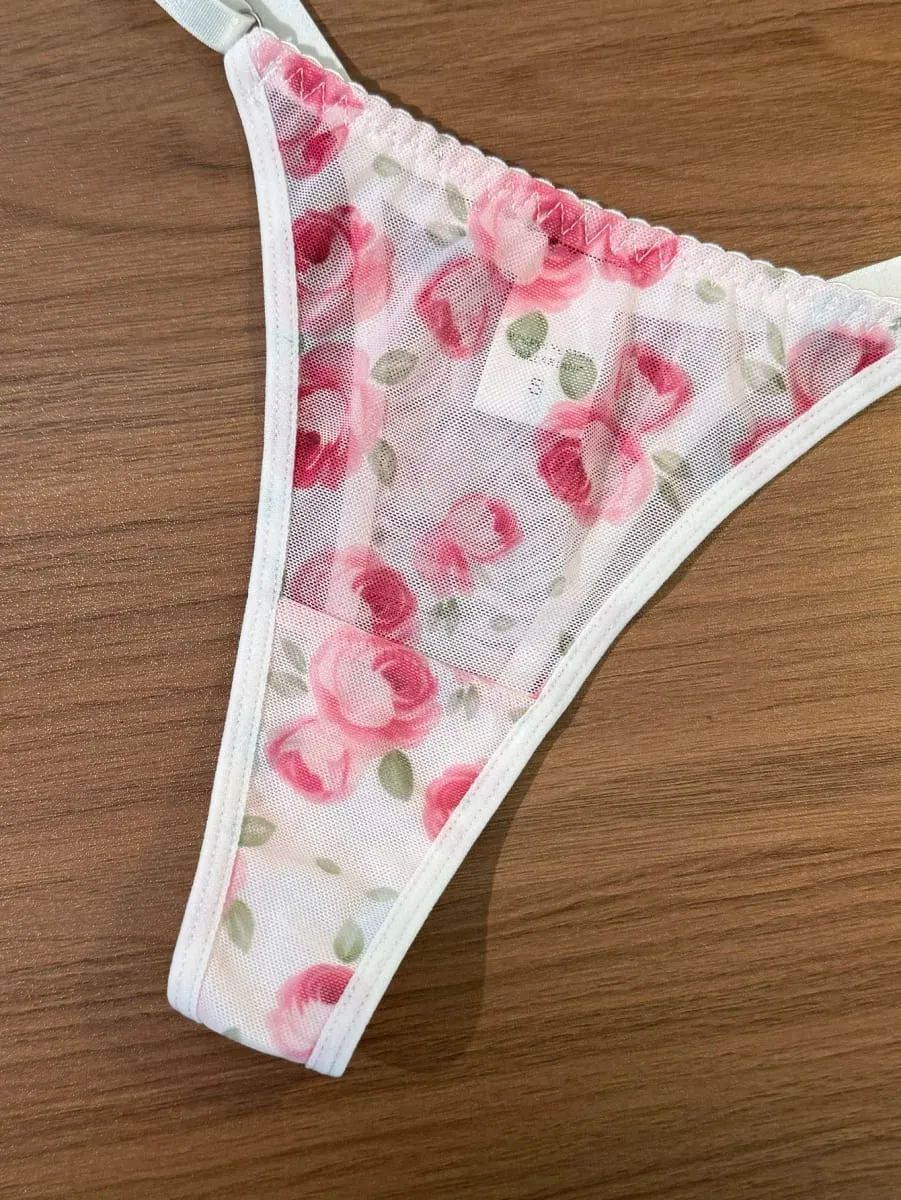 French Romantic Pink Rose Print Sheer Mesh Lingerie Set Heart Cutout Underwire Bra & Thong — image 5