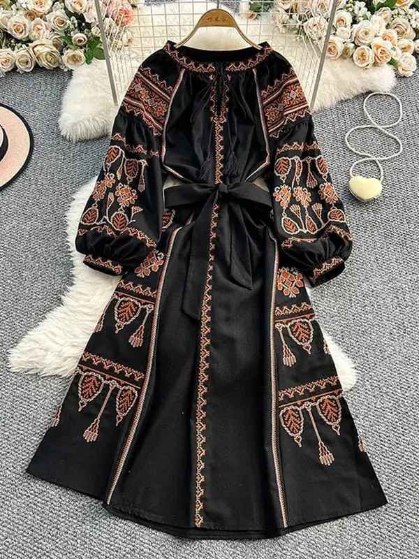 Boêmio retro estilo étnico vestido feminino nova primavera outono bordado rendas até lanterna mangas cintura cinching vestido longo a155