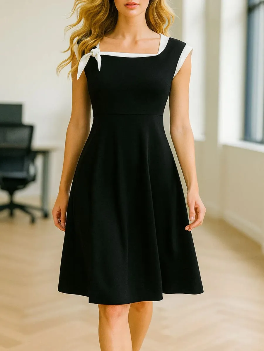 Womens Sleeveless Elegant Summer Work Office A-Line Black Tie Up Business Casual Party Slim Fit And Flare Swing Dress — image 2
