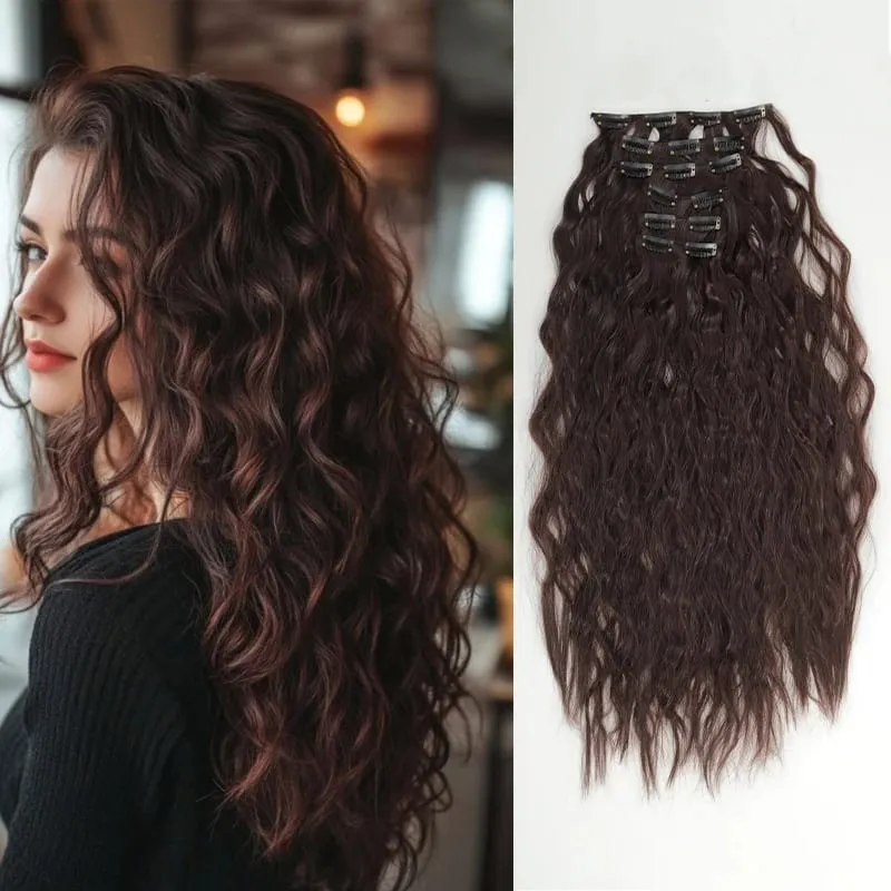 6PCS Clip In Hair Extensions 24" Black Brown Hair Extension Long Mermaid Waves Synthetic Clip On Hairpiece For Women