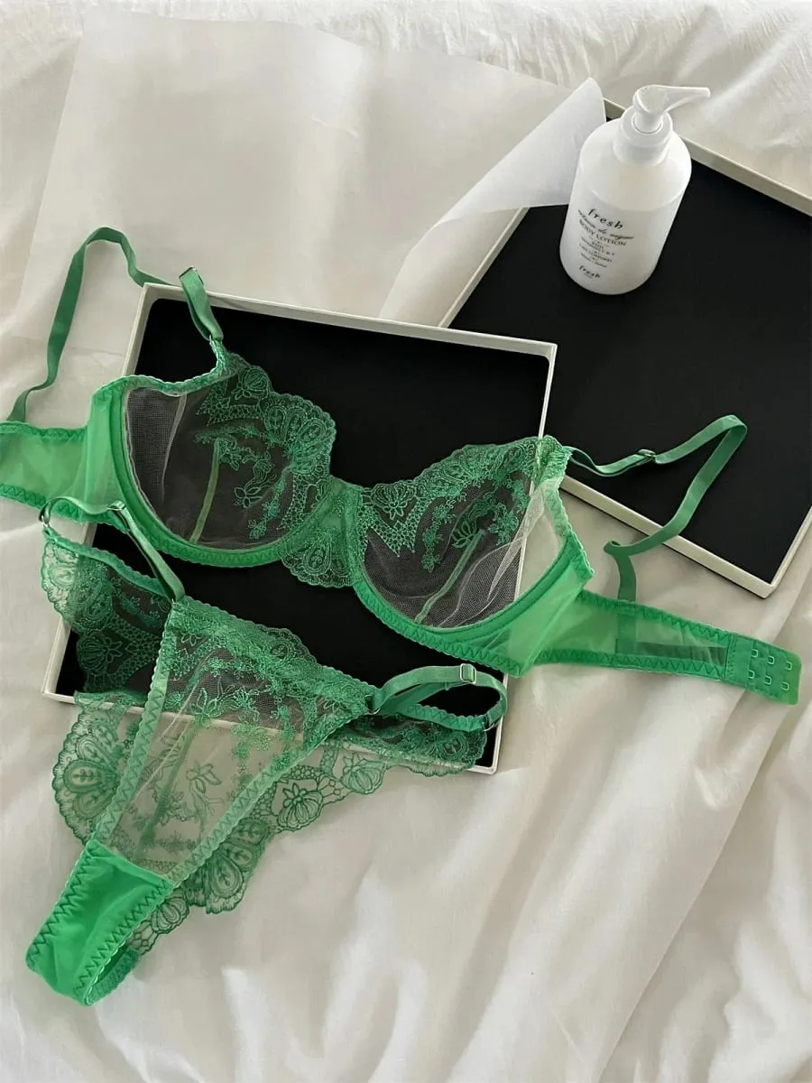 Sexy Lace Push Up Bra Set Transparent Triangle Cup & Romantic Green Lace Underwear for Women