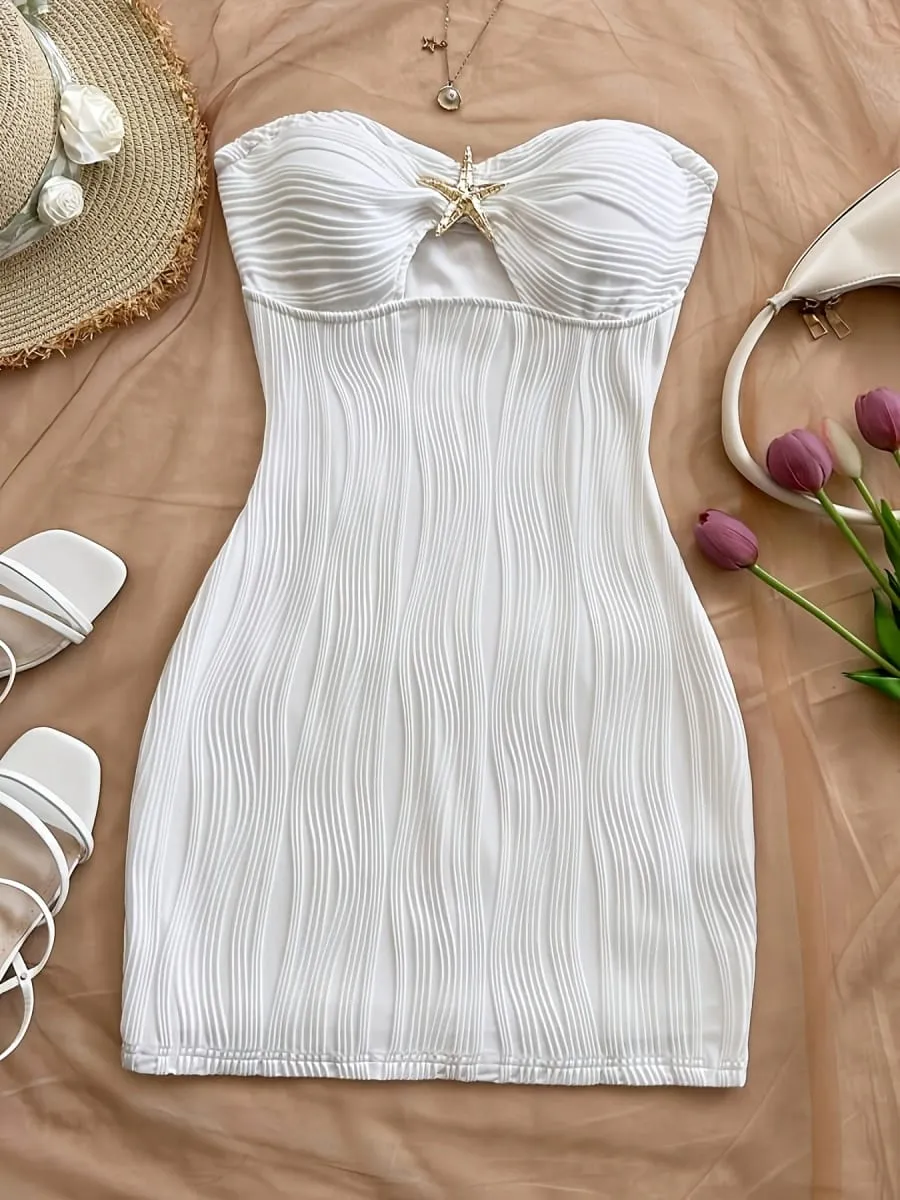 Women's Summer Sexy Party Date Beach Dress Texture Hollow out Mini Skirt with Metal Starfish Decoration Fitted And Attractive Wh