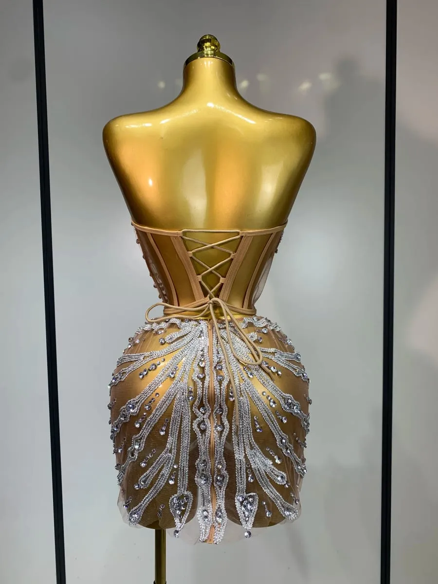 Women Sexy Strapless Rhinestones Mini Dress Performance Costume See Through Stage Dancer Club Evening Party Birthday Dress — image 4