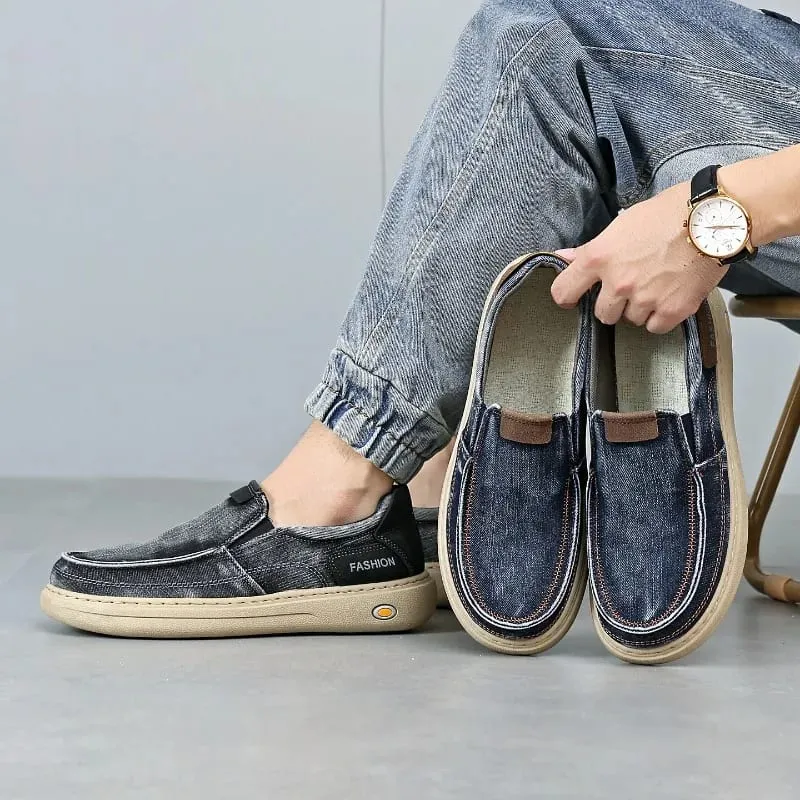 New Quality Denim Cloth Casual Man Shoes Fashion Men's Sneakers Slip on Walking Flats Breathable Lightweight Driving Work Shoes — image 1