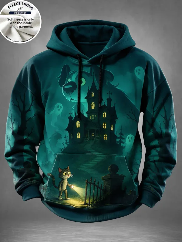 English: Halloween Haunted House Ghost Pumpkin Bat Print Hoodie Men Fleece Lined POD Sweatshirt Casual Long Sleeve Pullover