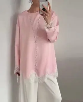 Women Elegant Lace Patchwork Lace-up Dress Solid Round Neck Full Sleeve Satin Loose Mini Dresses 2026 Spring Party Club Vestido