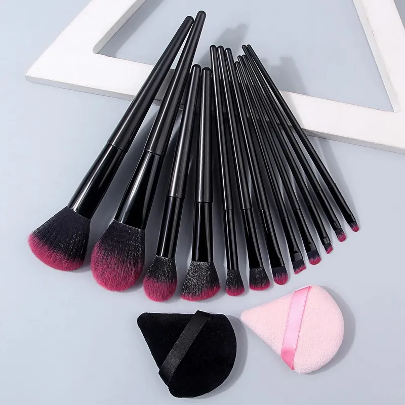 Hot Sale 14Pcs Complete Makeup Brushes Kit Soft Skin-Friendly Fluffy Cosmetic Brushes with Black & Pink Triangle Makeup Puffs
