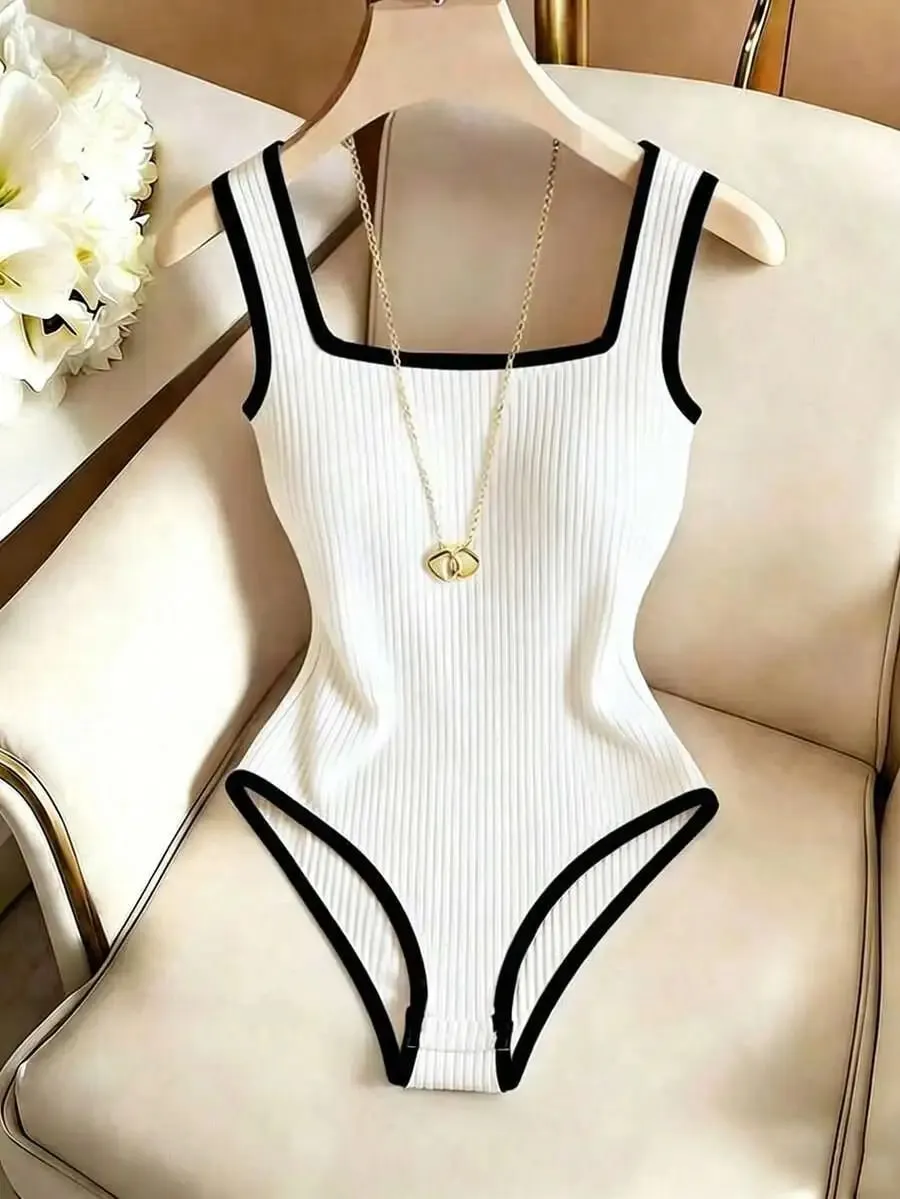 3pcs Women's Ribbed Bodysuit Set Fashionable Black Piped Square Neck Waist-Cinching Style Summer Nightlife Wear Elegant Beach Ou — image 10