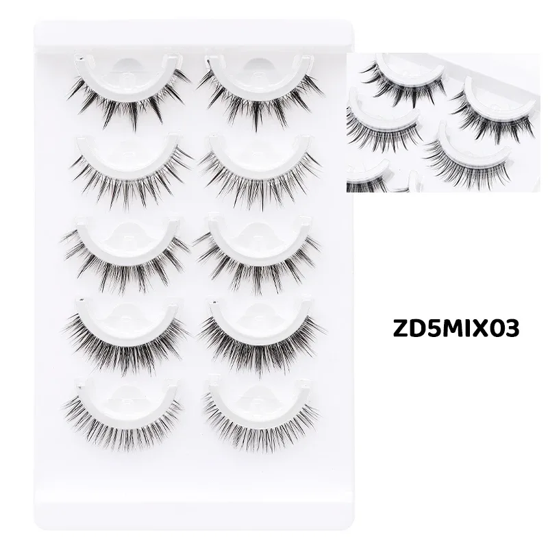 5 paires de faux cils auto-adhésifs Manga de Style mixte, sans colle, bande naturelle réutilisable, pour le maquillage quotidien des yeux