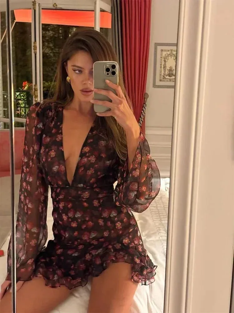 Floral Painted Ruffle Mini Dress Women Elegant Full Sleeve Deep V-neck Slim A-line Short Robe 2026 Lady Vacation Street Gown — image 5