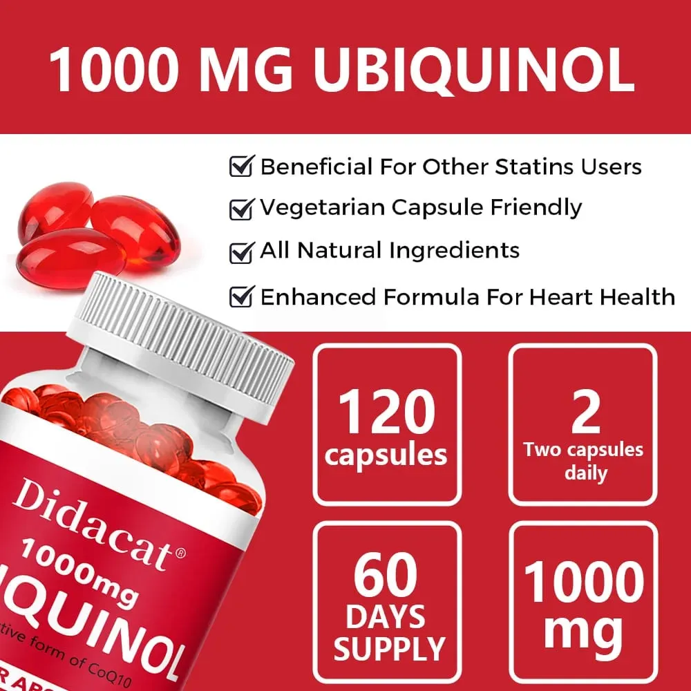 Ubiquinol CoQ10 Vegetable Softgels 1000mg Natural Antioxidant Supplement Cardiovascular Skin & Energy Wellness Support