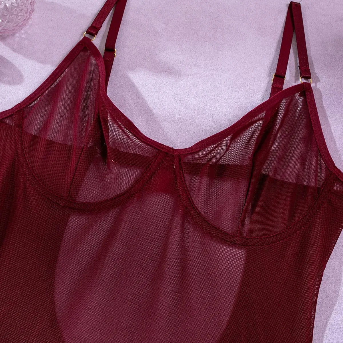 Bodysuit Perspektif Punggung Terbuka Jaring Solid Seksi dengan Sarung Tangan Tali Set Tiga Potong untuk Wanita Pakaian Dalam Wanita Tembus Pandang Setelan Intim
