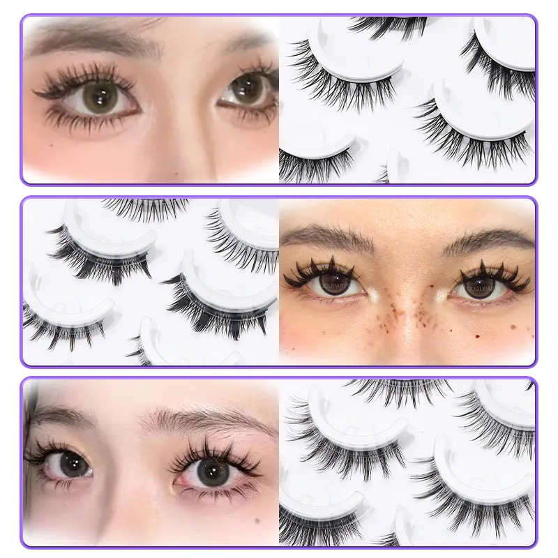 5 paires de faux cils auto-adhésifs Manga de Style mixte, sans colle, bande naturelle réutilisable, pour le maquillage quotidien des yeux