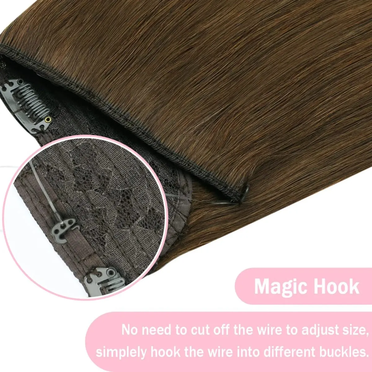 Invisible Halo Hair Extensions Real Human Hair Fish Wire Adjustable Band Secret Clip-in Extension for Women Chocolate Brown — image 6