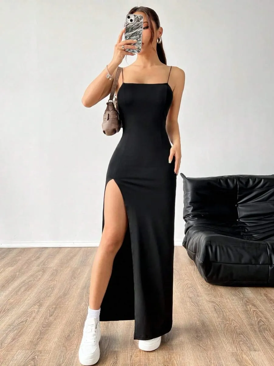 Women's Solid Color High Slit Spaghetti Strap Dress — image 1