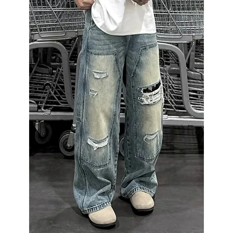 Men's Jeans Man Pants Heavy Duty Washed Multi Pocket Carpenter Style Straight Loose Denim Trousers Casual Fit High Street — image 1