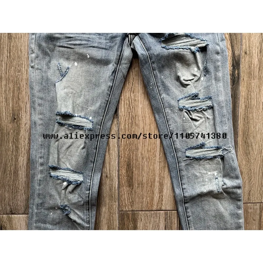 American High Street Quality Distressed Washed Light Blue Destroyed Holes Stretch Skinny & Slim Fit Spray Painted Ripped Jeans
