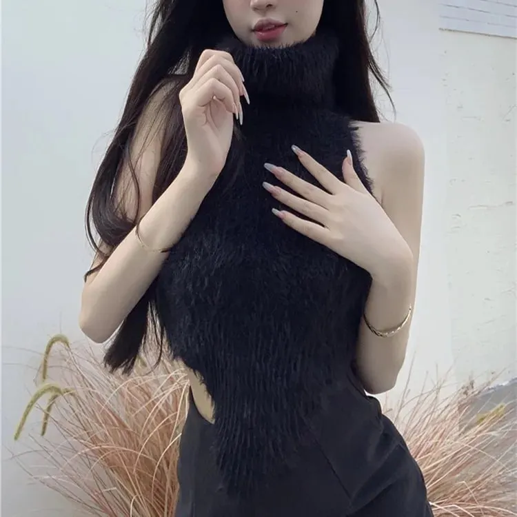 Sexy Tanks Women Knitted Hot Chic Backless Turtleneck Short Sleeveless Off Shoulder Popular Streetwear Corrugated Edge Female