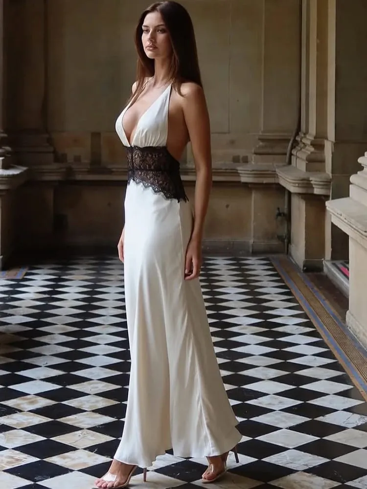 MO Patchwork seksowny głęboki dekolt w szpic koronkowa wiązana na szyi damska sukienka Maxi biała suknia wieczorowa z odkrytymi plecami letnia szczupła elegancka sukienka na imprezę