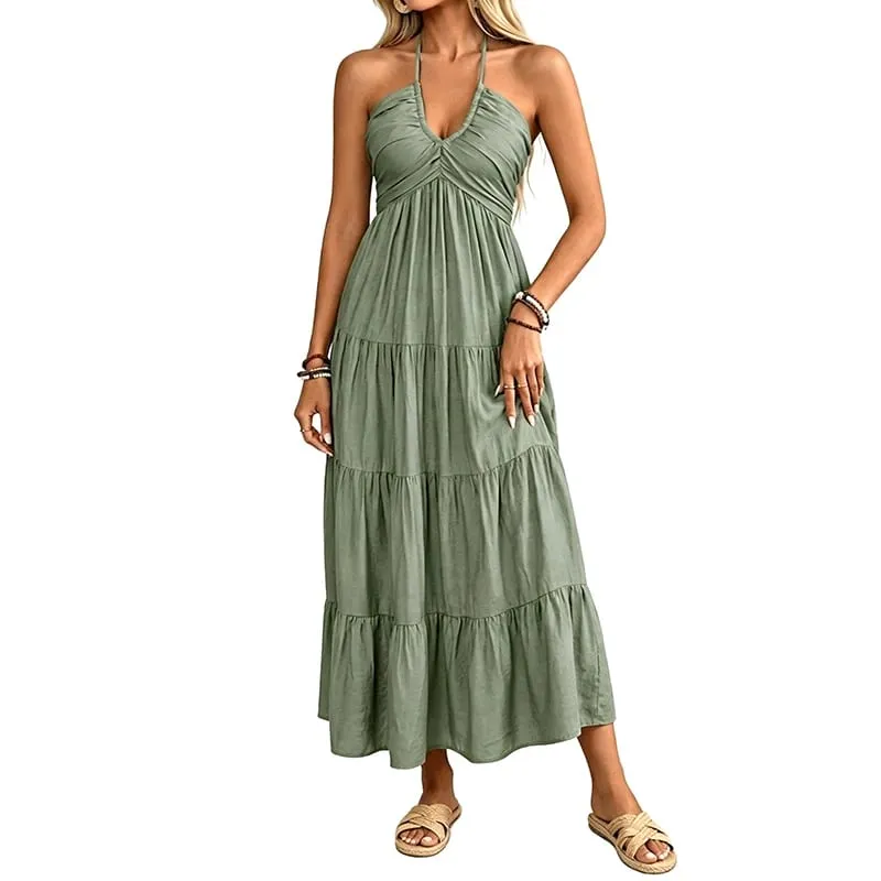 Women Summer Halter Long Maxi Dress Sleeveless V‑Neck Tiered Ruffle Sundress Casual Loose Flowy Beach Vacation Long Dresses