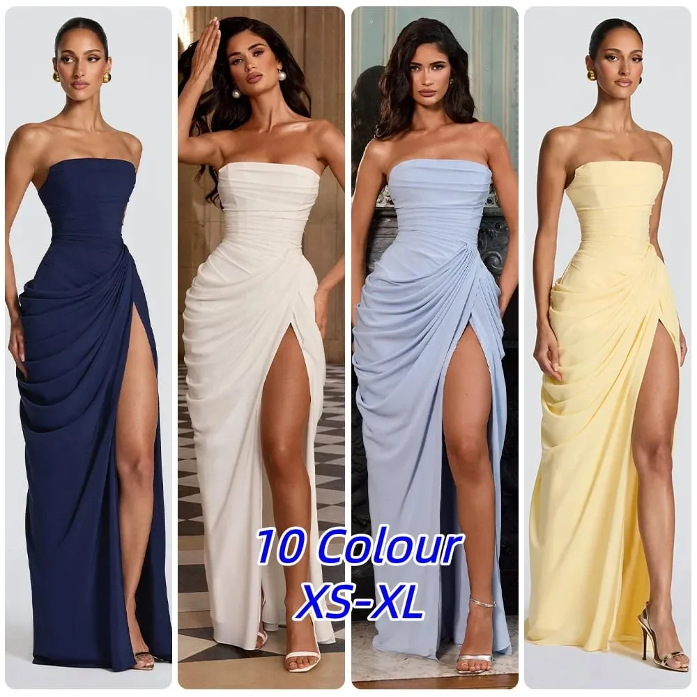 Sexy Solid Pleated Strapless Dress Lady Chic Off-shoulder Backless High Waist Split Dresses Women 2026 New Evening Party Gown — image 2