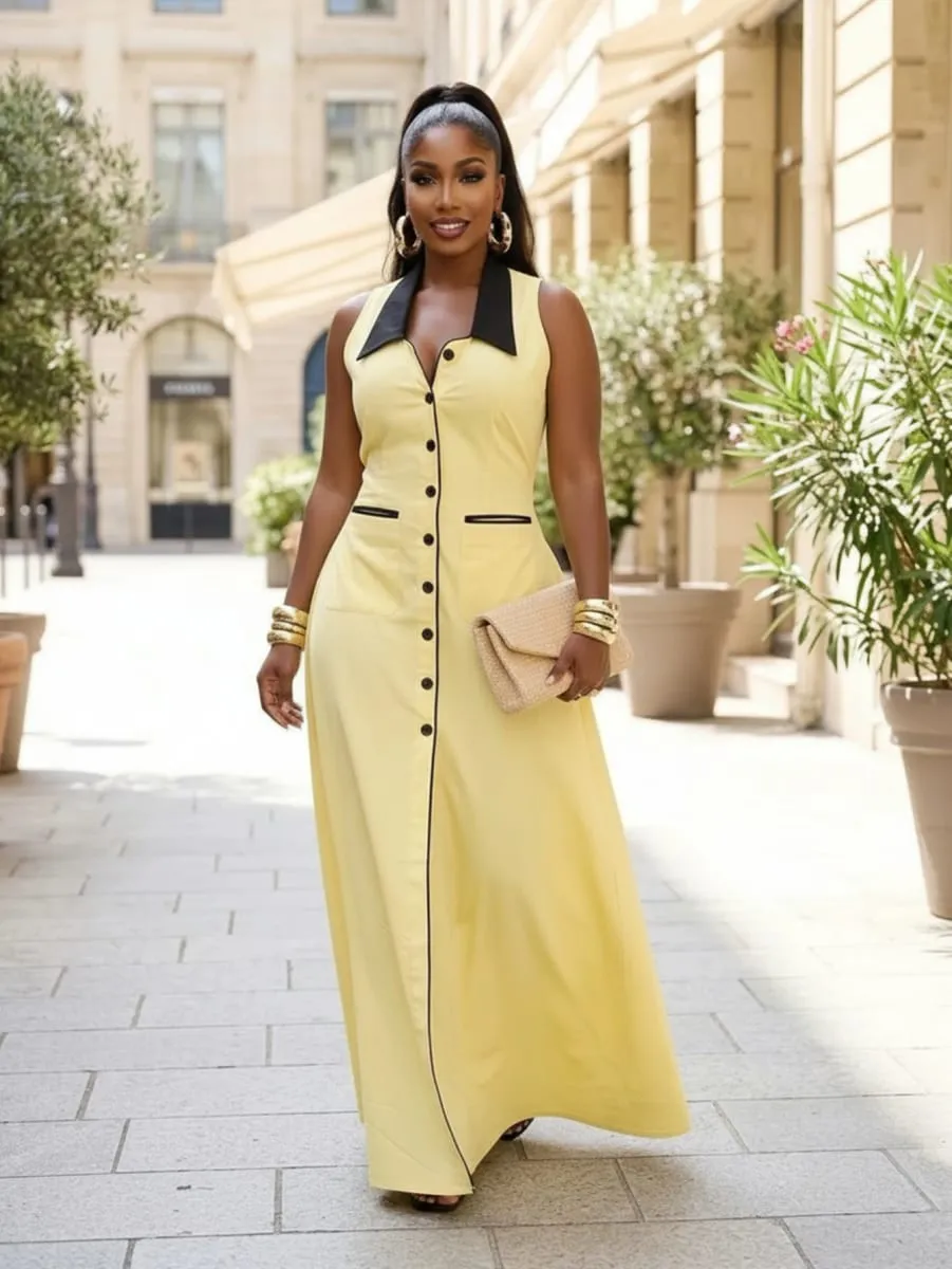 Women Sleeveless Contrast Lapel Button‑Front Split Maxi Dress With Pockets Daily Commute Street Casual Long Dress — image 3