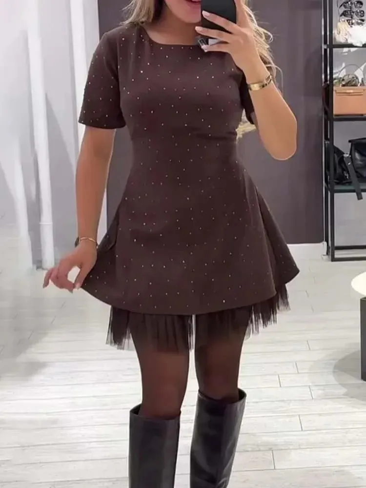 Elegant Casual Dress Spring Summer New Style Hot Rhinestone Hem Mesh Solid Fashion Dress For Women Short Sleeve Holiday Dress