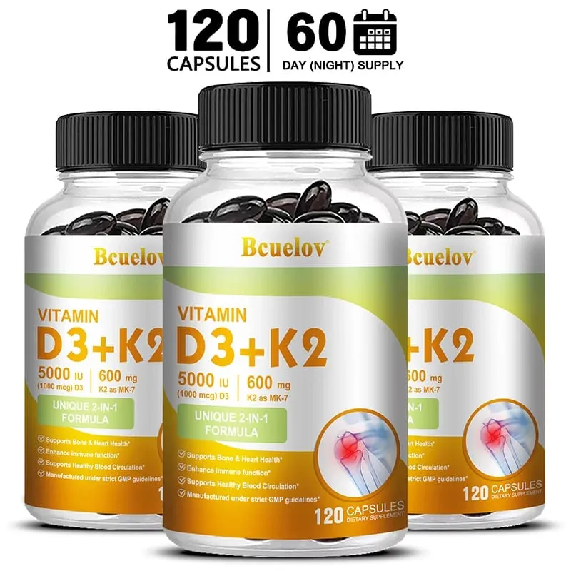 Bcuelov Vitamine D3+K2 5000 UI Formule de vitamine D3 sans OGM, complément alimentaire complexe de vitamines D et K facile à avaler