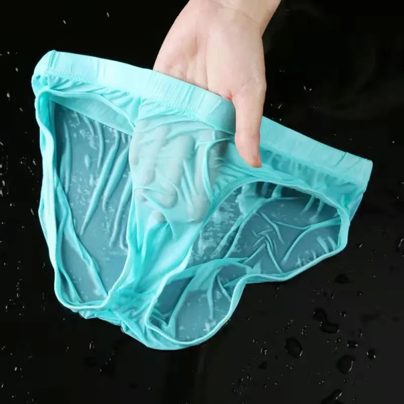 Cuecas masculinas sexy transparente de seda gelo, roupa íntima de secagem rápida em u convexa, cueca respirável de cintura baixa, resfriamento de verão — image 15
