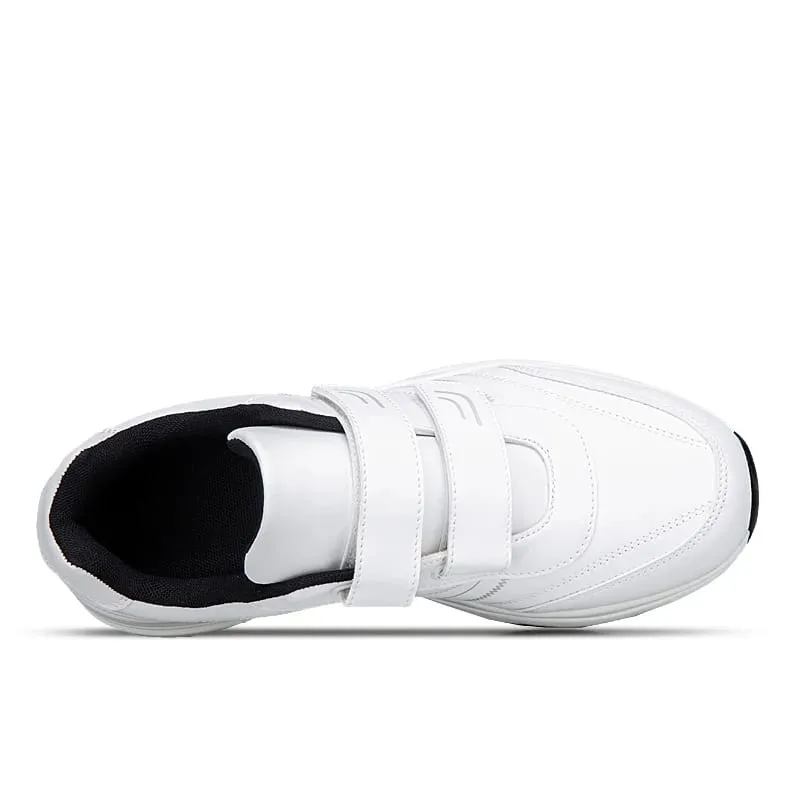 Men's Adjustable Hook And Loop Leather Sneakers Pure Black Casual Sports Shoes Big Size 47 48 Elderly Walking Shoes
