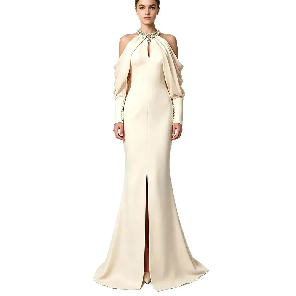 Fashionable wedding socialite long dress evening gown women's dress celebrity studded diamond long sleeve party dress — image 1