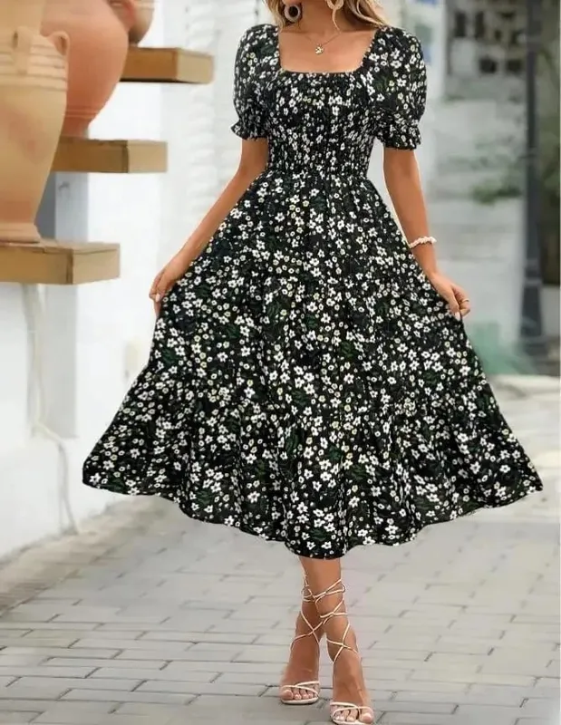 2025 New Women's Printed Dress Square Collar Bubble Sleeve Empire Waist Midi Dress Short Sleeve Cross-Border Independent Station — image 10