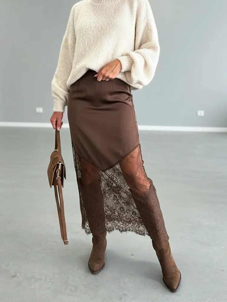 2025 Sexy Patchwork Lace Skirts Women Elegant See-through Long Skirt Casual Lady New Party Summer Evening Street Daily Midiskirt