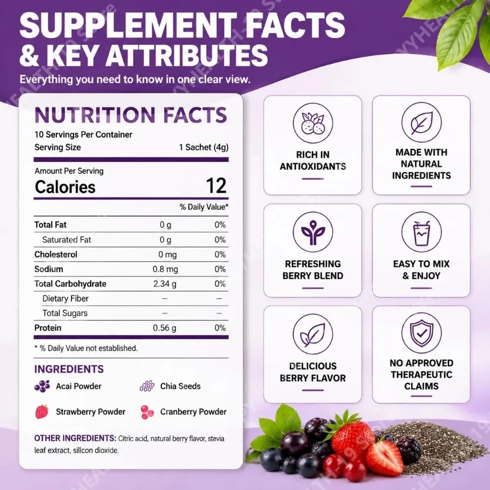 Acai Berry Drink Pulver med Chiafrön Jordgubbstranbär för antioxidant dagligt välbefinnande och immunförsvar Vuxen 40g
