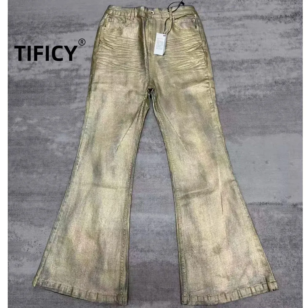 High Street RO Wind Pant Men Heavy Industry Coating Gold Brushed Three Dimensional Floor Pulling Horn Jeans Gold Plated Pants — image 1