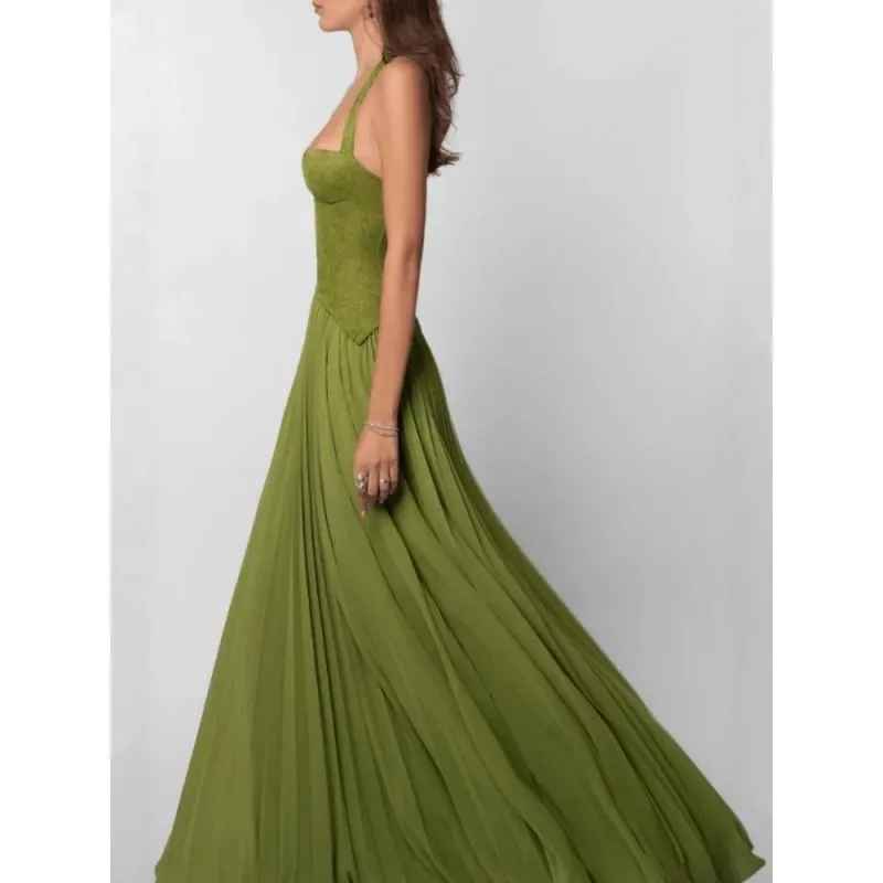 Vestido largo con cuello Halter y corsé de espina de pescado verde para mujer, Espalda descubierta, hombros descubiertos, diseño de telas combinadas con plisado, vestidos ajustados, vestido de fiesta de Navidad para mujer, nuevo — image 5
