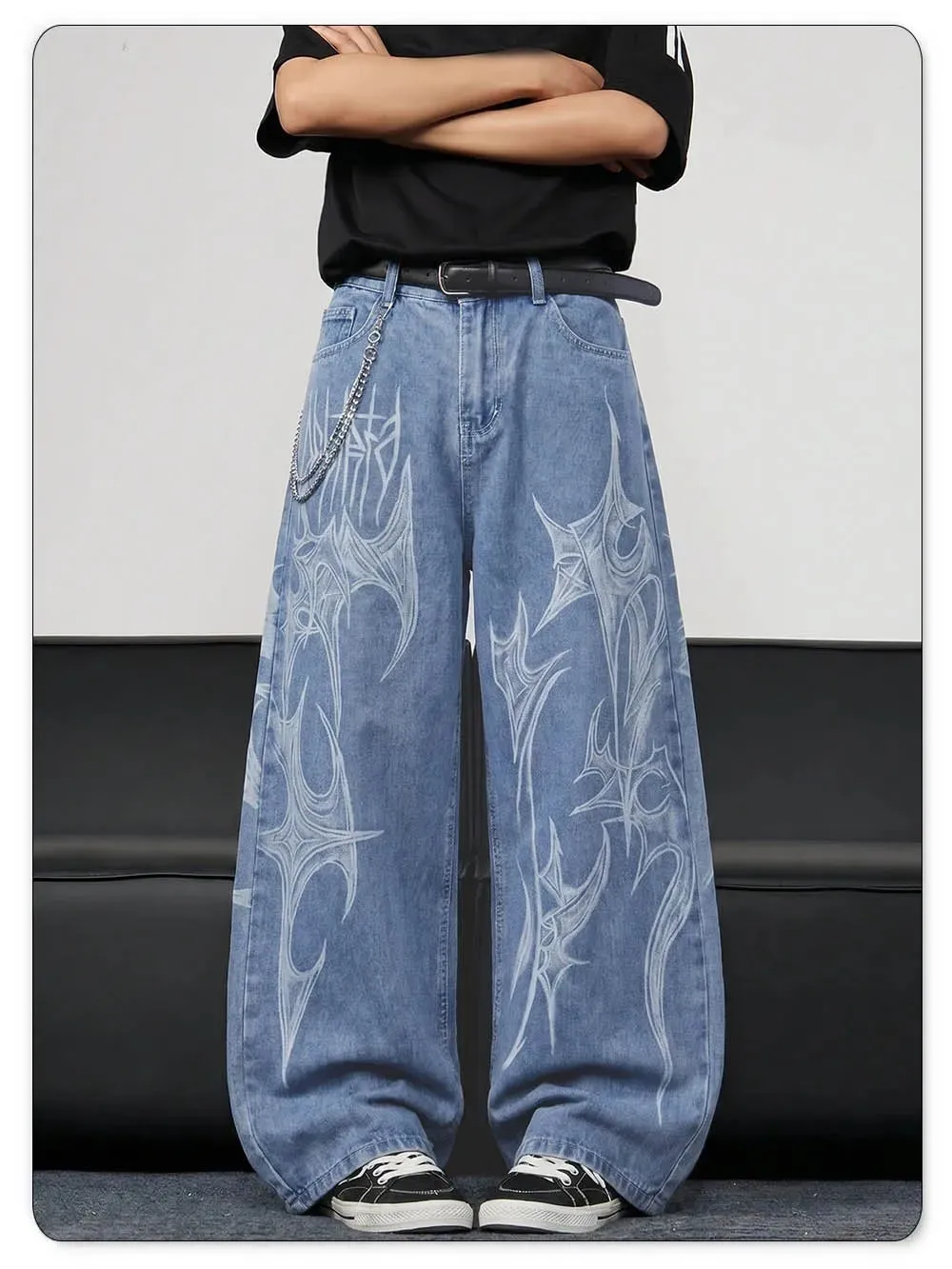 Men's Casual Spiral Graffiti Print Hip Hop Oversized Baggy Wide Leg Jeans Trendy Casual Slop Lazy Street Daily Denim Pants — image 4