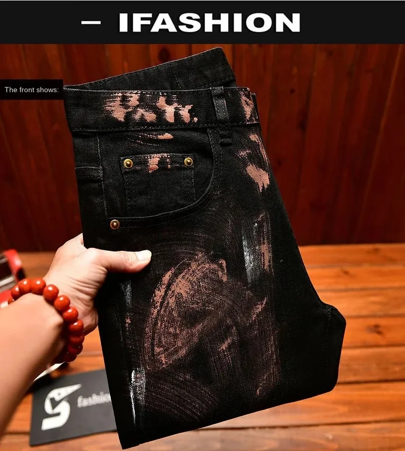 Jeans Hitam Musim Gugur 2025 Pakaian Pria Jalanan Gambar Grafiti Inkjet Pria Celana Denim Retro Kelas Atas Tren Nostalgia