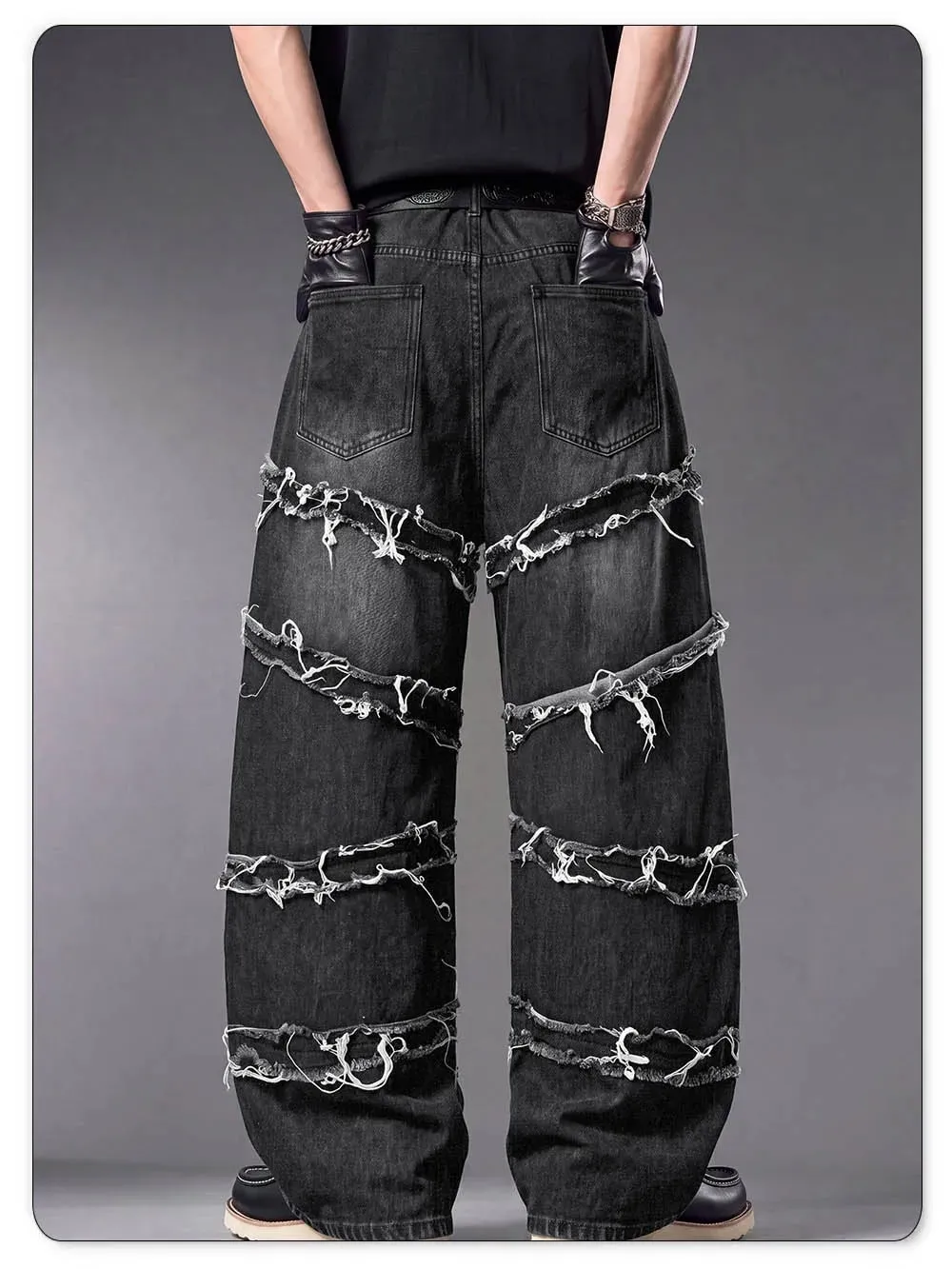 Men's Gothic Baggy Jeans Raw Frayed Edge Deconstructed Patchwork Wide Leg Denim Pants Y2K Punk Streetwear Trousers