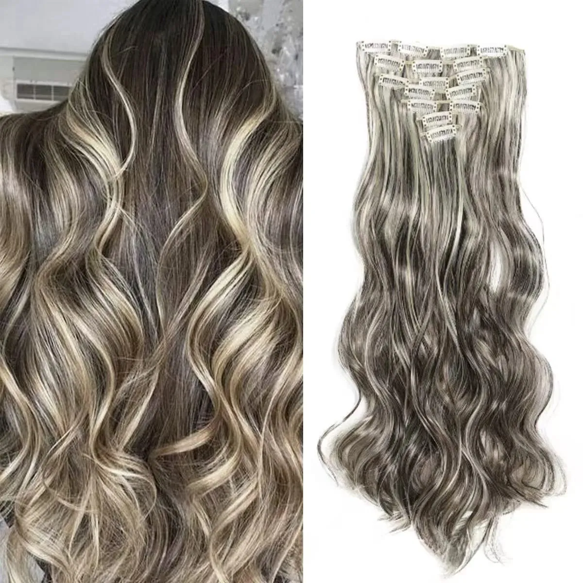 7 Clips In Hair Extensions Long Wave Hairstyle Blck 60-71cm Natural Synthetic Hair Daily Use Hairpiece For Women