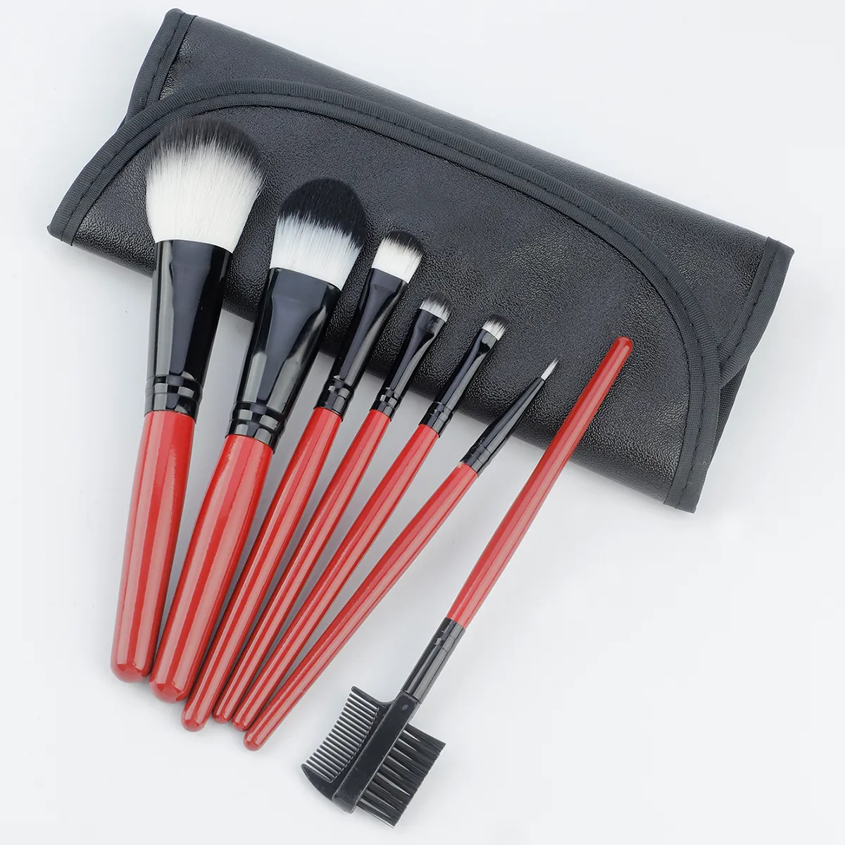 7 Pcs Wine‑red Handle Makeup Brush Set With PU Leather Storage Bag Soft Bristle Powder Blush Eyeshadow Cosmetic Brushes Kit