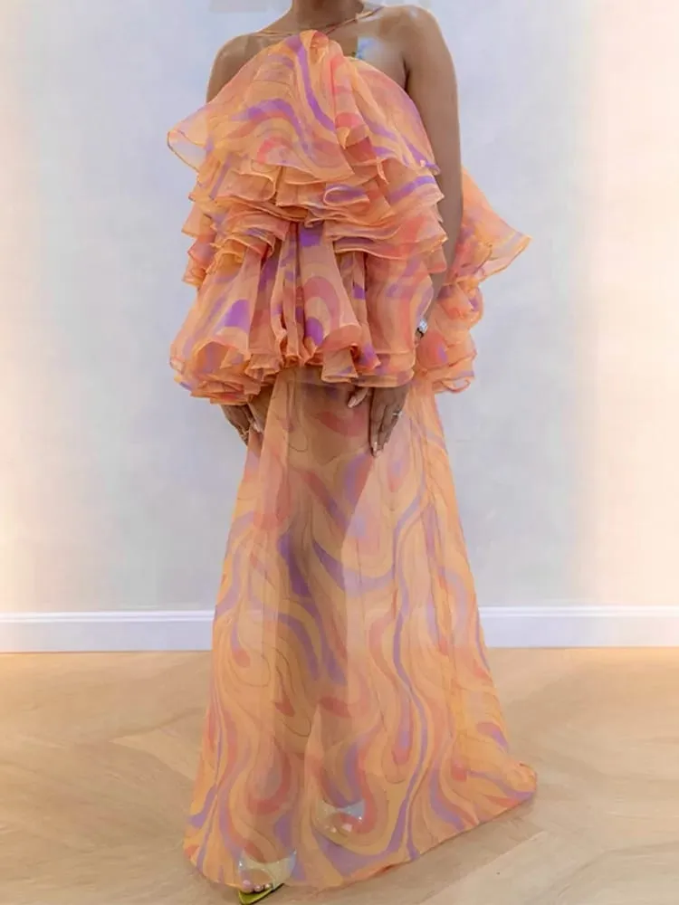Print Halter Maxi Dress Off Shoulder Multi-Layer Ruffle Sheer Chiffon Loose Flowy Gown Boho Party Tiered Dress for Women — image 3