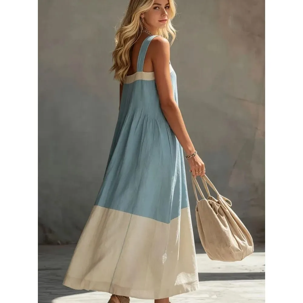 Women Color Block Sleeveless Maxi Dress Spaghetti Strap Loose Flowy Tiered Casual Sundress for Beach Vacation and Resort Wear — image 3