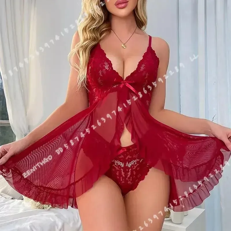 2 Pcs Women Lace Nightgown Set Deep V Neck Bra Panties Transparent Solid Slim Soft Split Nightdress Lingerie
